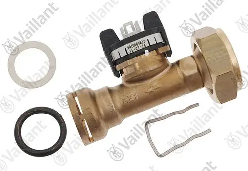 Vaillant Fühler mit einer Kupferlegierung und Kunststoffelementen, ergänzt durch Dichtungen und Halteklammern. Das Bild zeigt die Einzelteile des Sensors.
